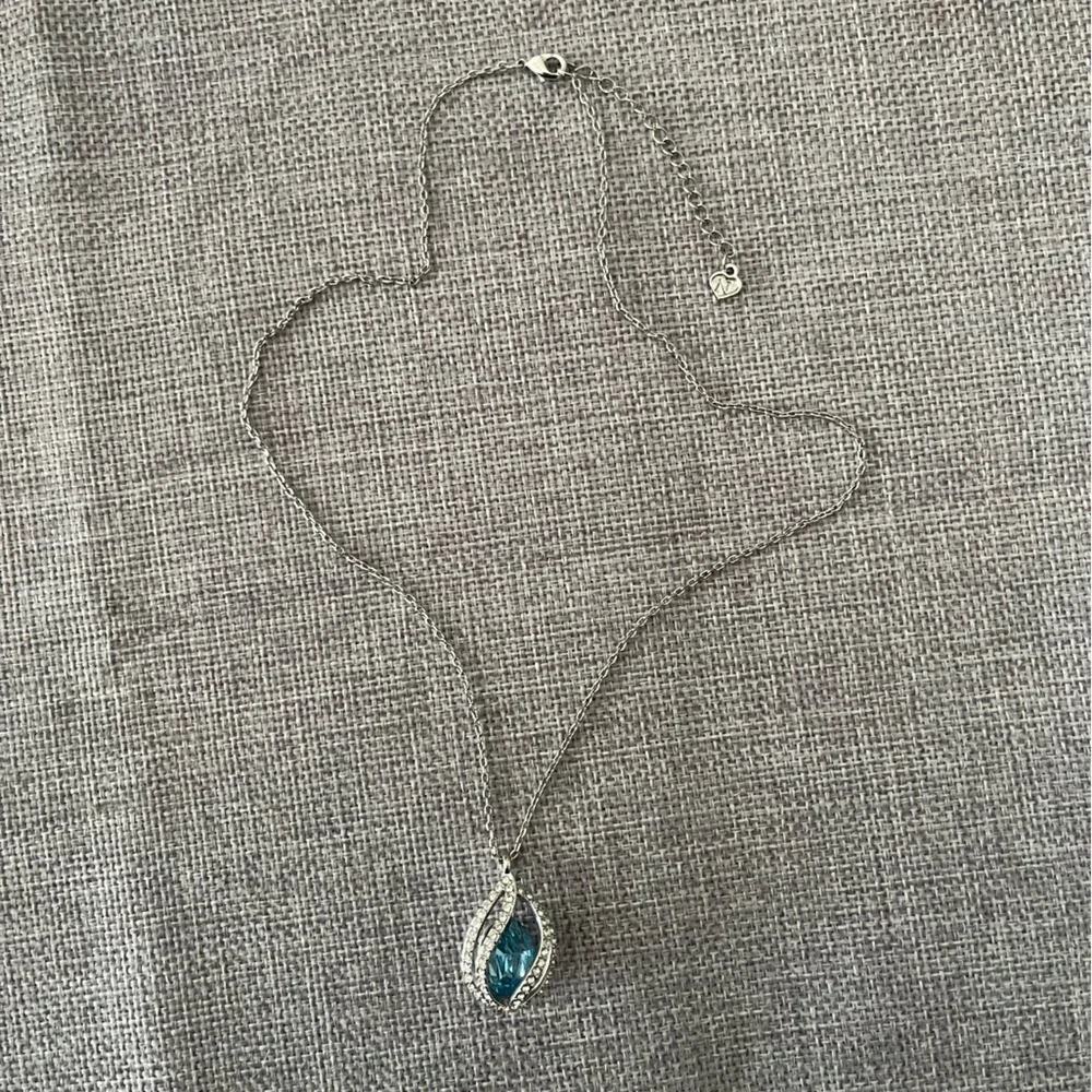 Silver Tone Teardrop Necklace with Blue Crystal & Pavé Accents